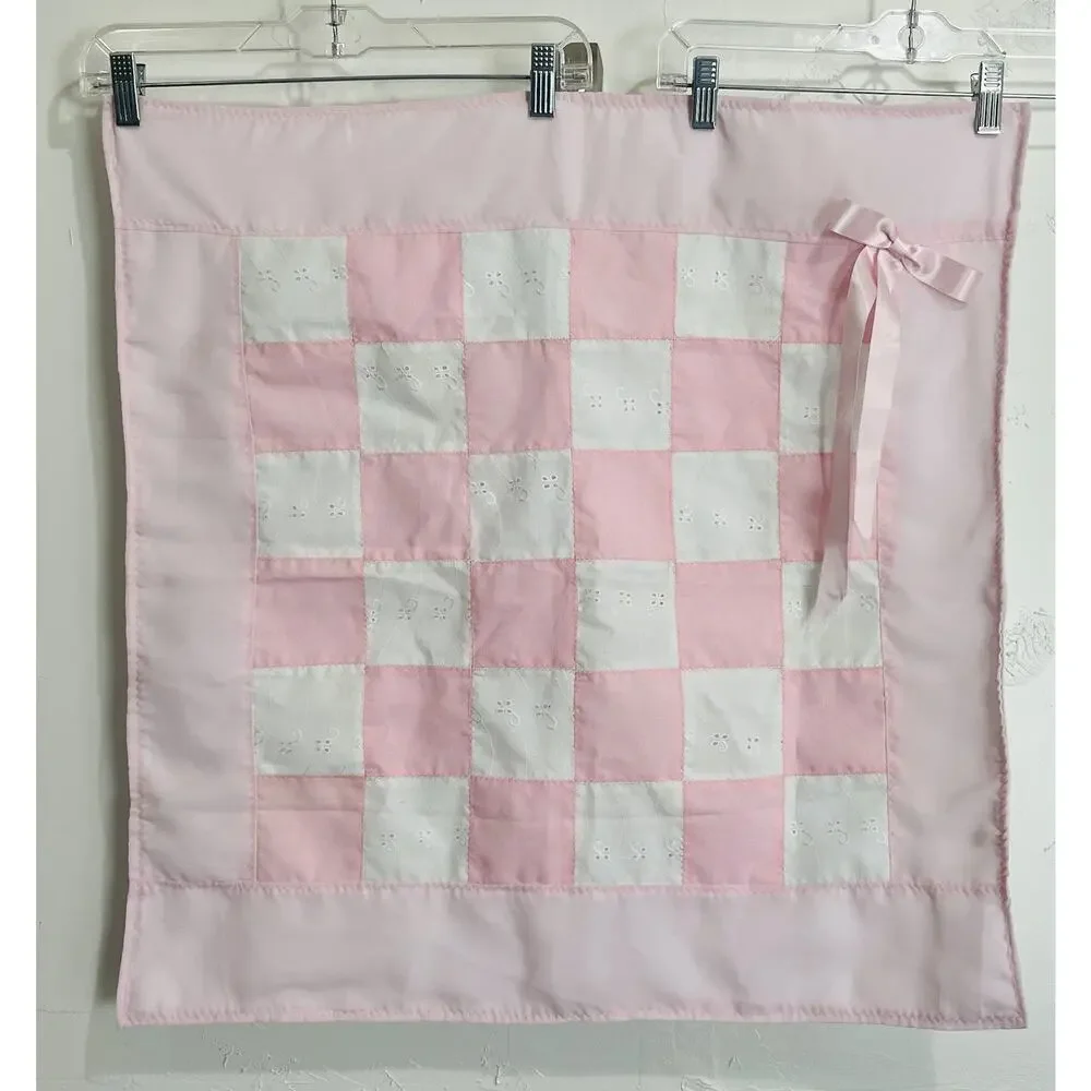 Pink Quilted Blanket Wall Hanging Handmade Country Cottage Baby Bow Eyelet Lace